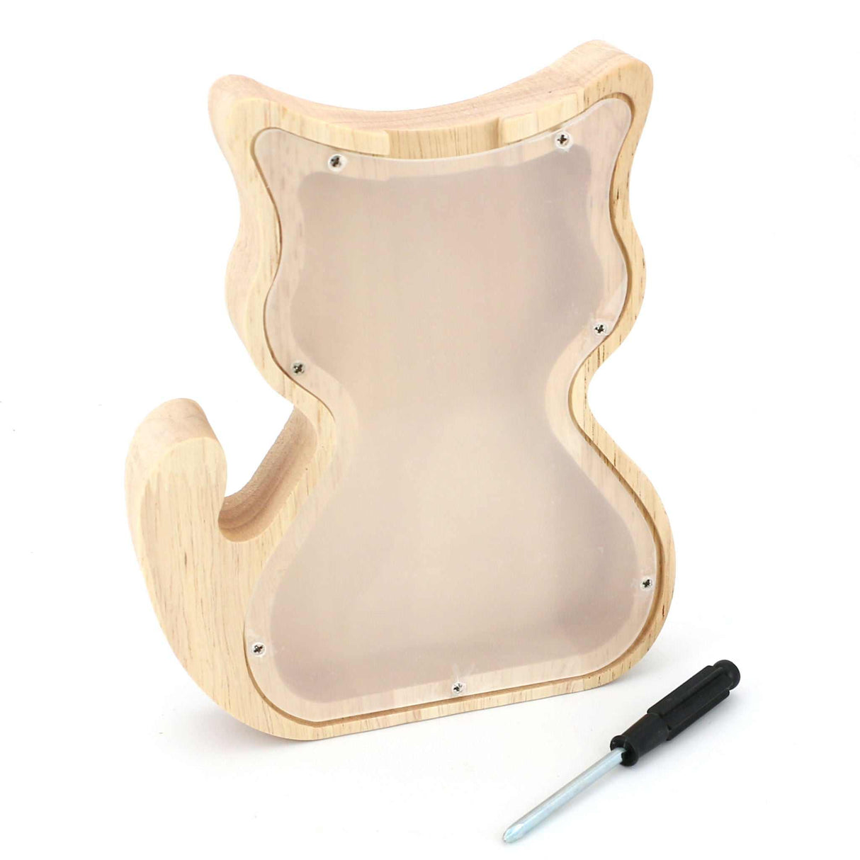 Spardose Katze aus Holz hinten